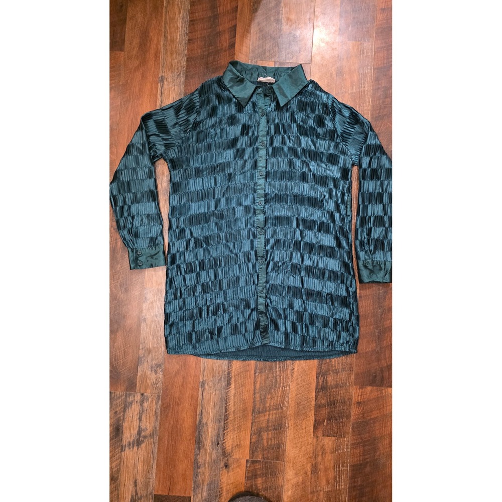 Loveriche Emerald Green Pleated Plissè Accordion Satin Button Down Shirt Dress M